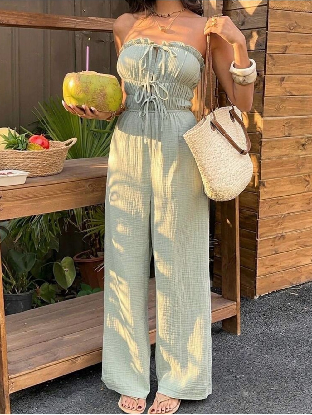 Strapless Sage Green Smocked Wide-Leg Jumpsuit - 100% Cotton